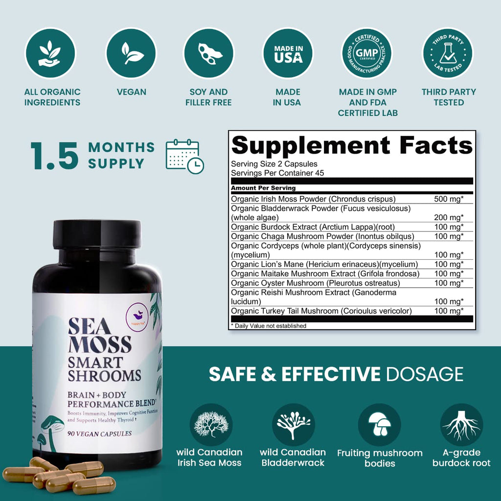 HAPPY FOX Irish Sea Moss Capsules & Mushroom Complex - Organic Seamoss with Adaptogens for Brain Health, 1500mg, 90 Vegan Capsules, Organic Mushroom Supplement HAPPY FOXBuy Supplements Australia