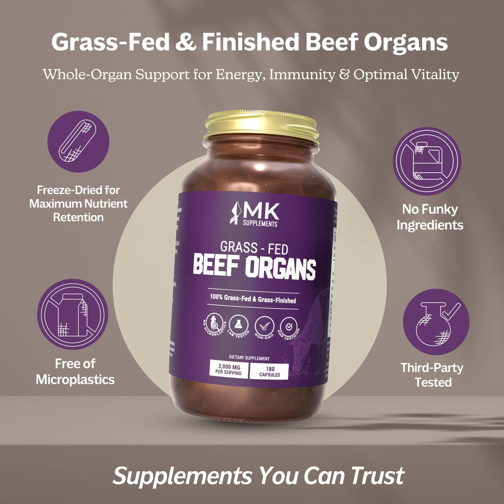 MK Supplements Grass-Fed Beef Organs Capsules | 5 Organs in Nature-Identical Ratios | B12, Copper & Heme Iron | Regeneratively Raised | 150 Capsules MK SupplementsBuy Supplements Australia
