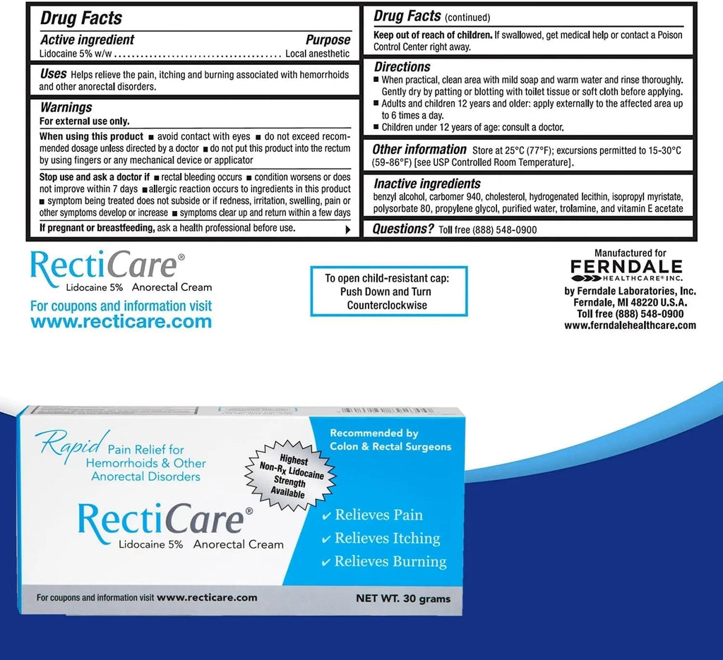 Recticare Anorectal Lidocaine 5% Cream: Topical Numbing Cream for Treatment of Hemorrhoids & Other Anorectal Disorders - 30g Tube RecticareBuy Supplements Australia