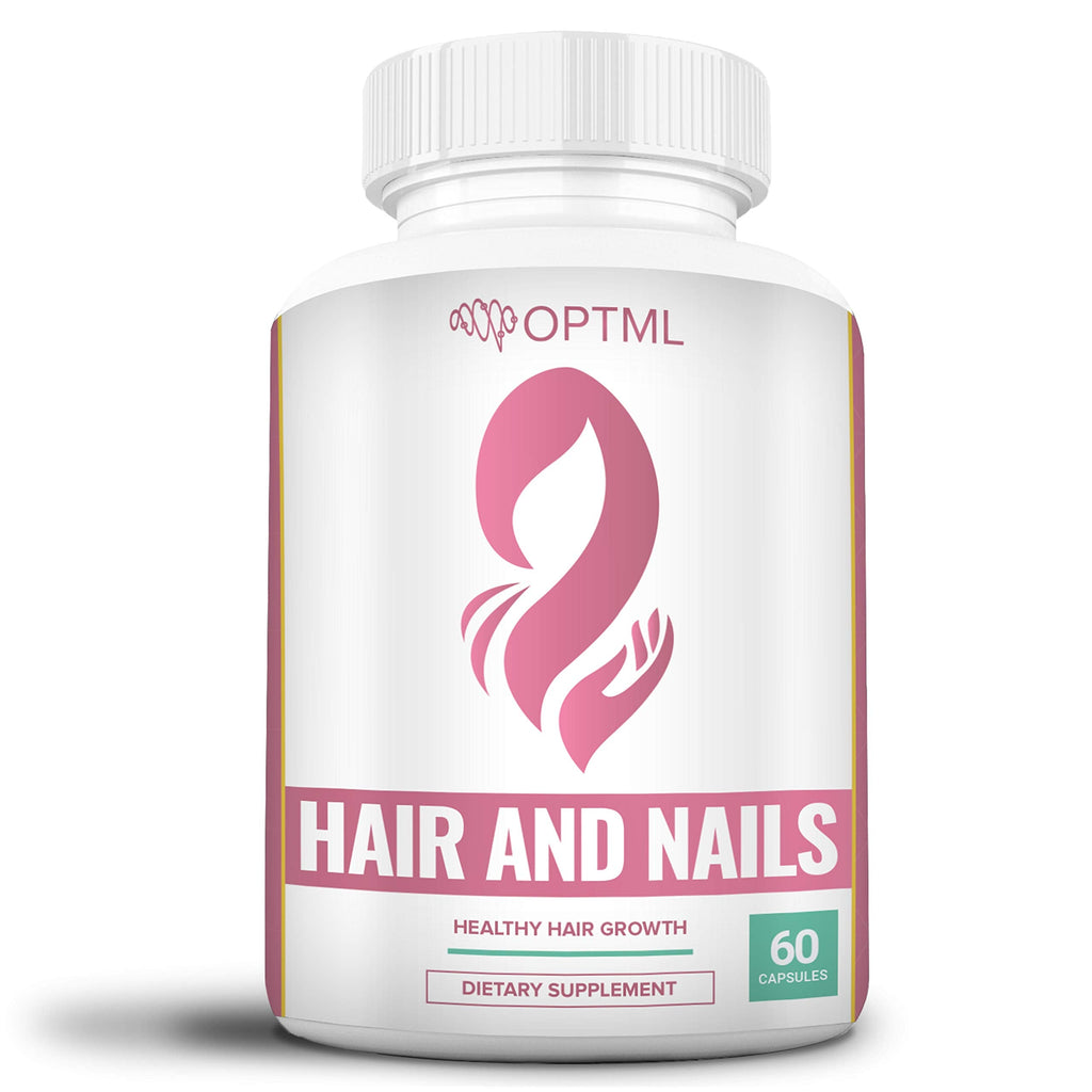 Supplement bottle for hair and nails with OPTML branding on a white background