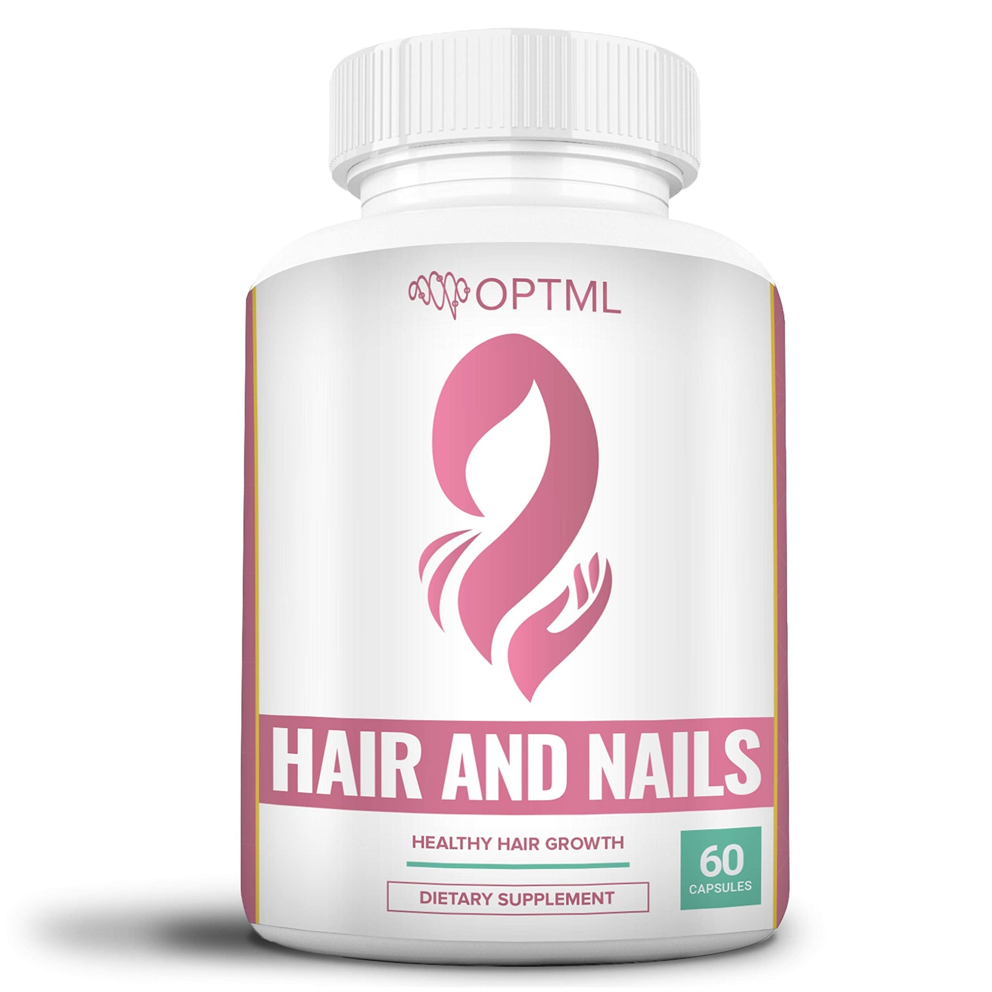Supplement bottle for hair and nails with OPTML branding on a white background