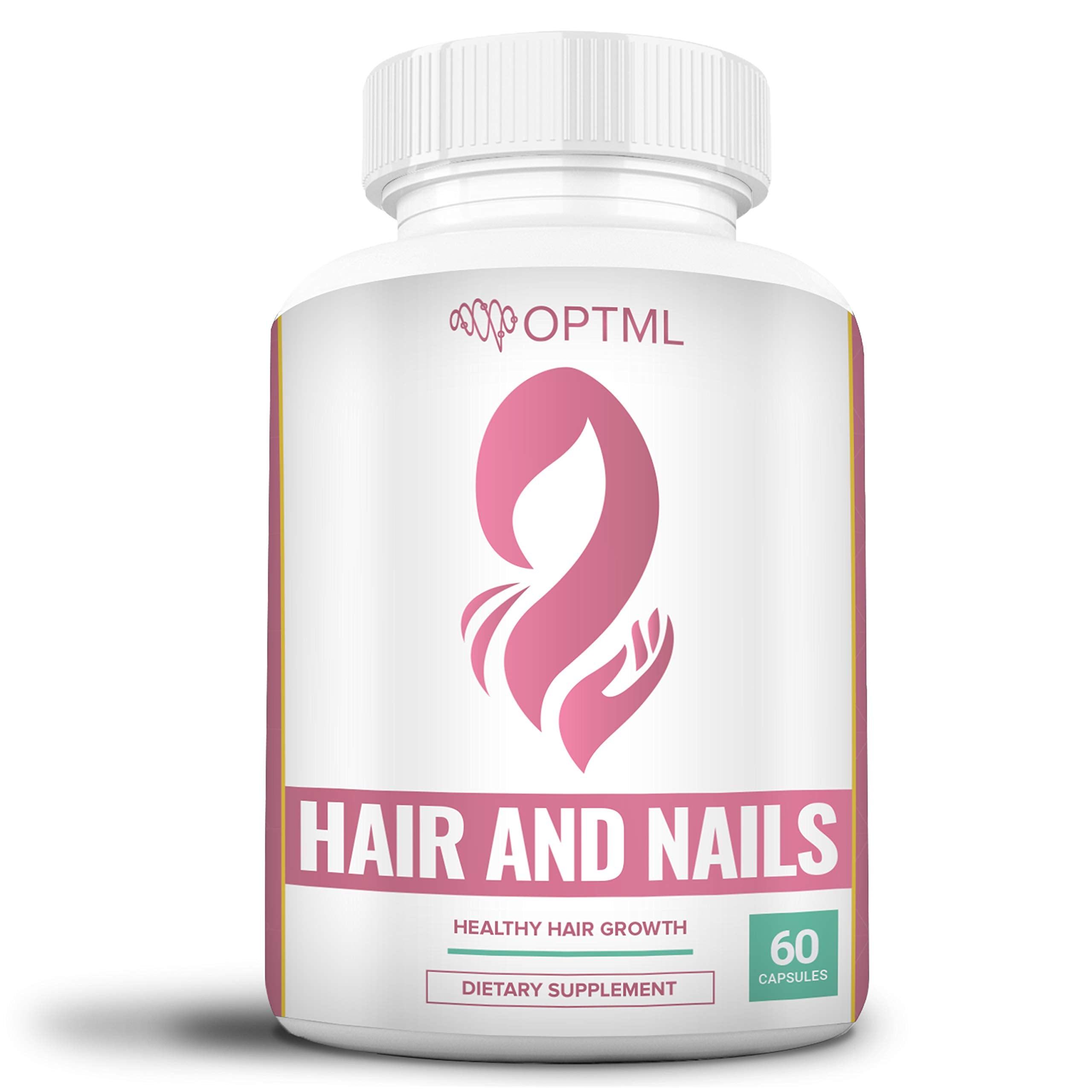 Supplement bottle for hair and nails with OPTML branding on a white background