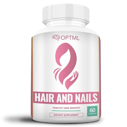 Supplement bottle for hair and nails with OPTML branding on a white background