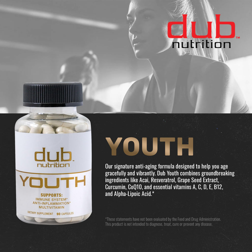 Dub Nutrition Youth - Formula with Acai, Resveratrol, Curcumin, Vitamins A, C, D, E, B12, and CoQ10 - Supports Immunity and Mobility - 90 Capsules Dub Nutrition buy supplements Au