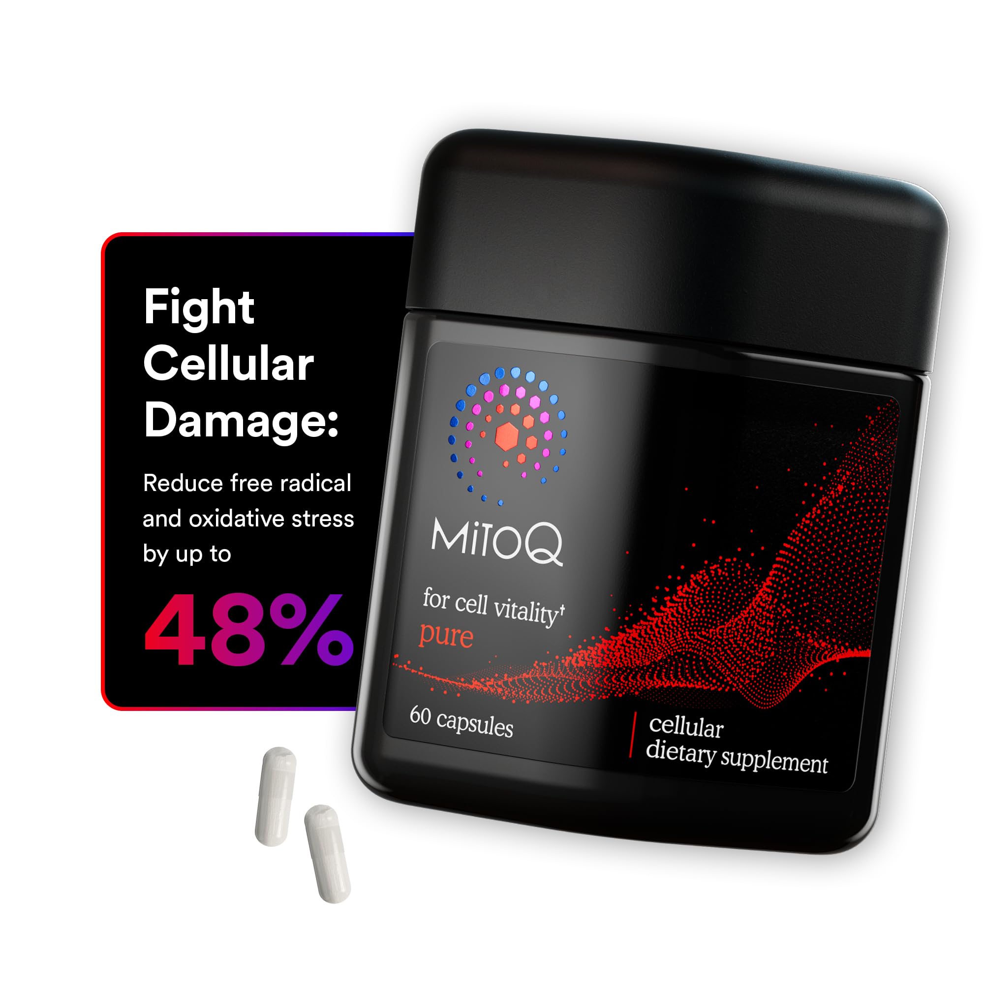 MitoQ supplement container with capsules on a white background