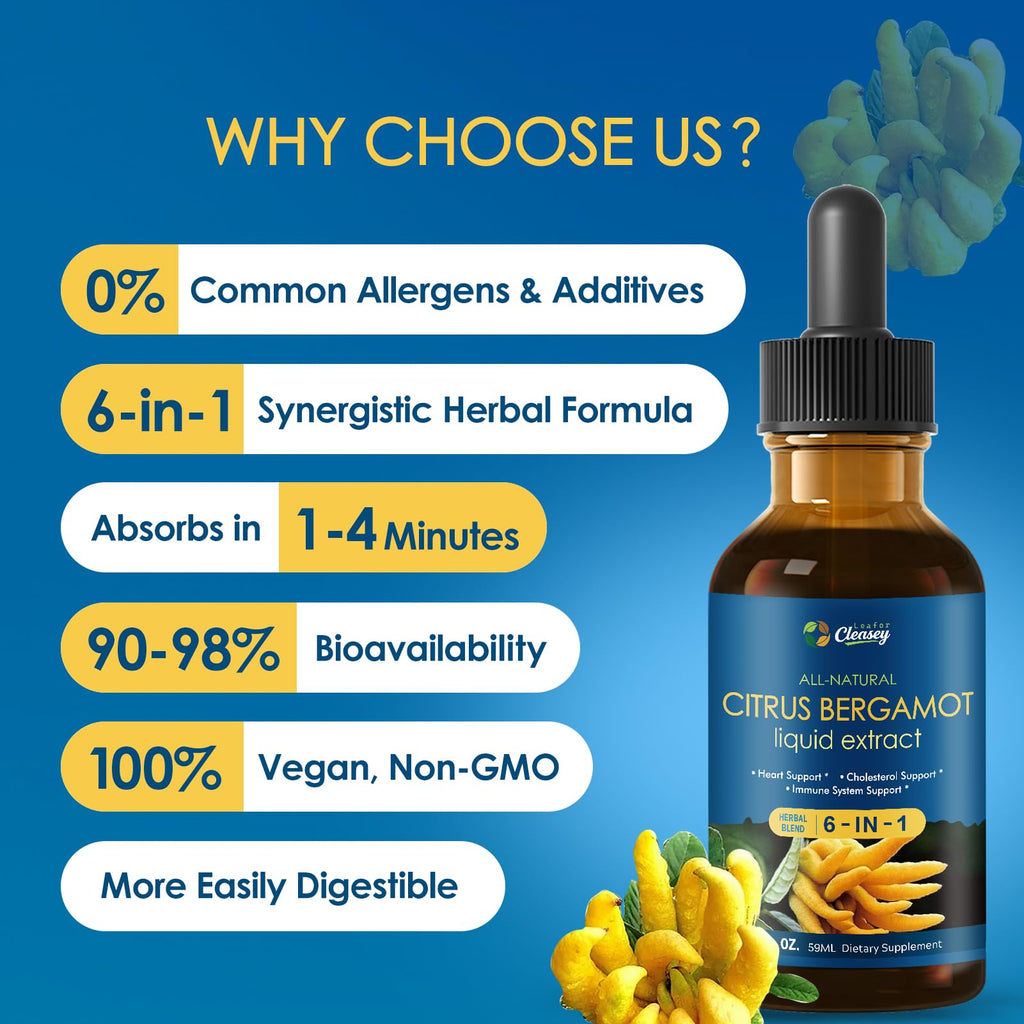 LeaforClensey Citrus Bergamot Liquid Drops for High Cholesterol, Bergamot Extract Blend Supplements with Red Yeast Rice & CoQ10 for Heart