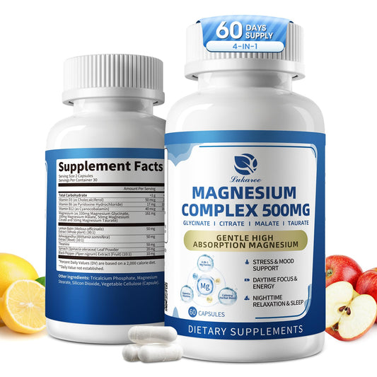 Two bottles of magnesium supplements with lemon, apple, and multivitamin ingredients on a white background