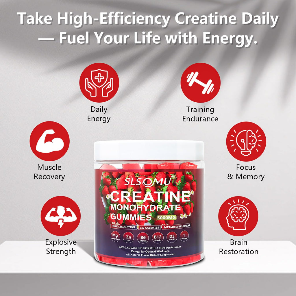 Slsomu Creatine Gummies for Women, 5000mg Pre-Workout Muscle Strength & Energy Support, 0 Sugar Creatine Gummy with L-Taurine, Zinc