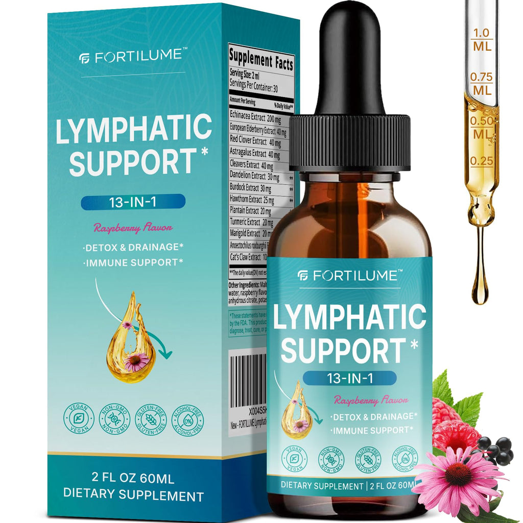 FORTILUME Liposomal Lymphatic Drainage Drops, 13 in 1 Lymphatic Support Drops with Elderberry & Echinacea, Immune & Lymph System Support, Raspberry Flavor, 2 Fl.Oz (30 Servings) FORTILUME buy supplements Au