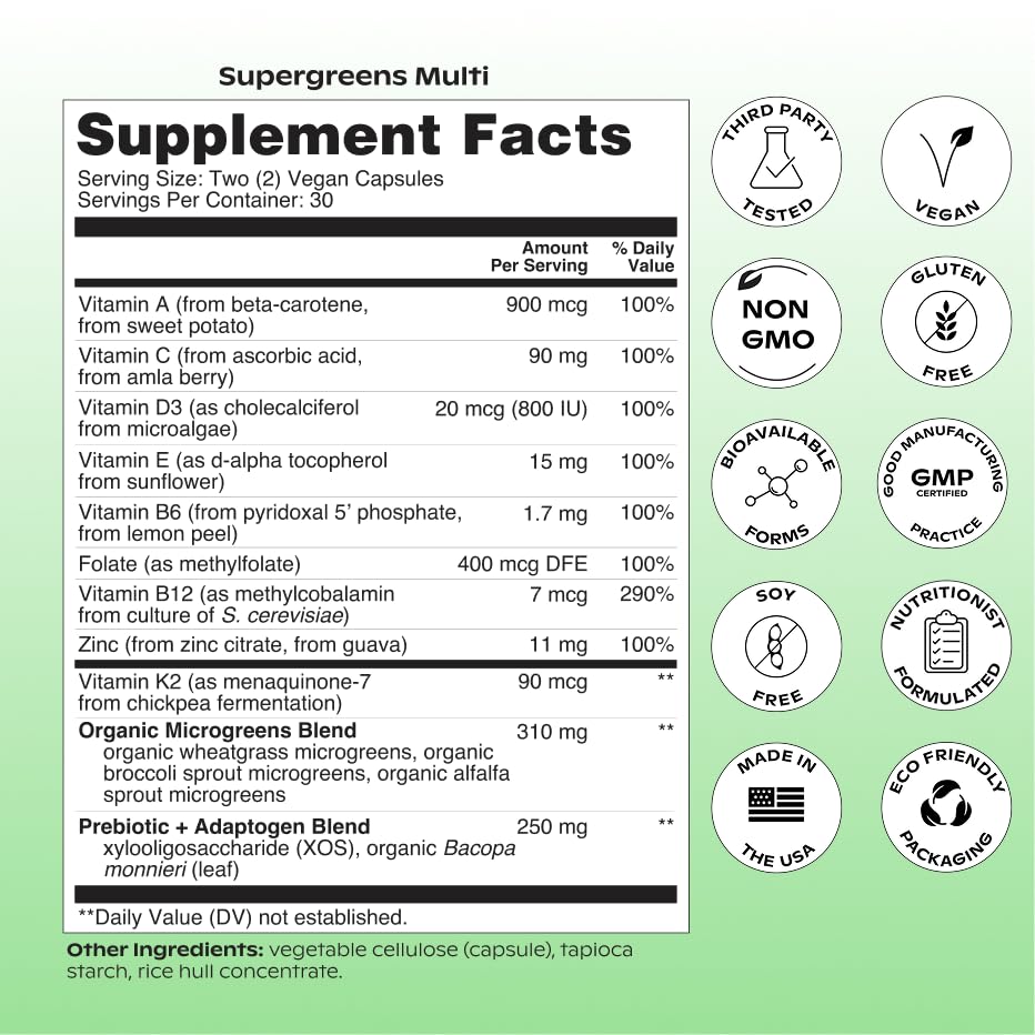 wholier Supergreens Multi, Daily Greens, Vegan Multivitamin for Women + Men, Whole Food Vitamins + Minerals, Prebiotics for Gut Health, Adaptogens (60 Vegan Capsules) Glass Bottle wholier buy supplements Au