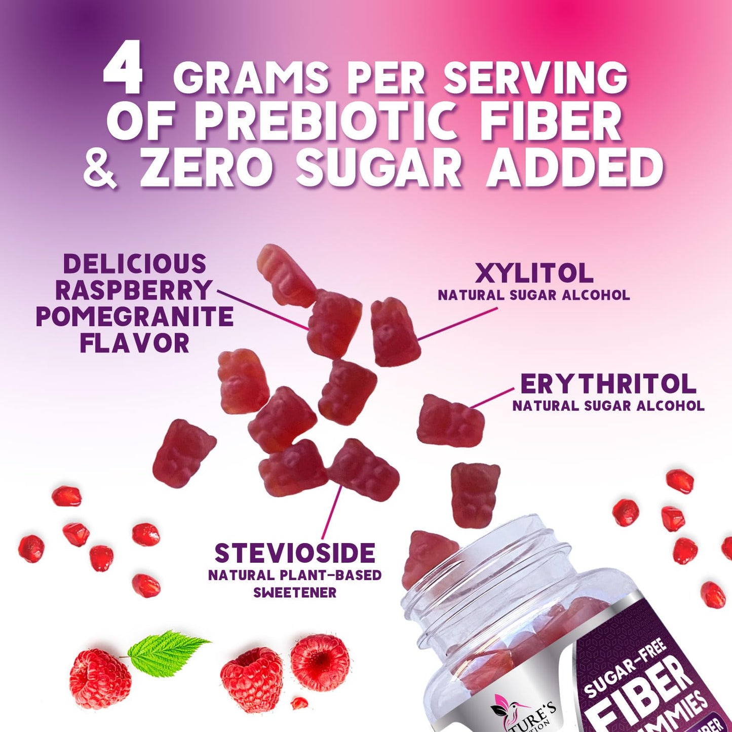 Fiber Gummies – Sugar Free Prebiotic Plant-Based Fiber 4g per Serving Supplement - Improved Soluble Formula Supports Digestive Health & Regularity - Non-GMO,