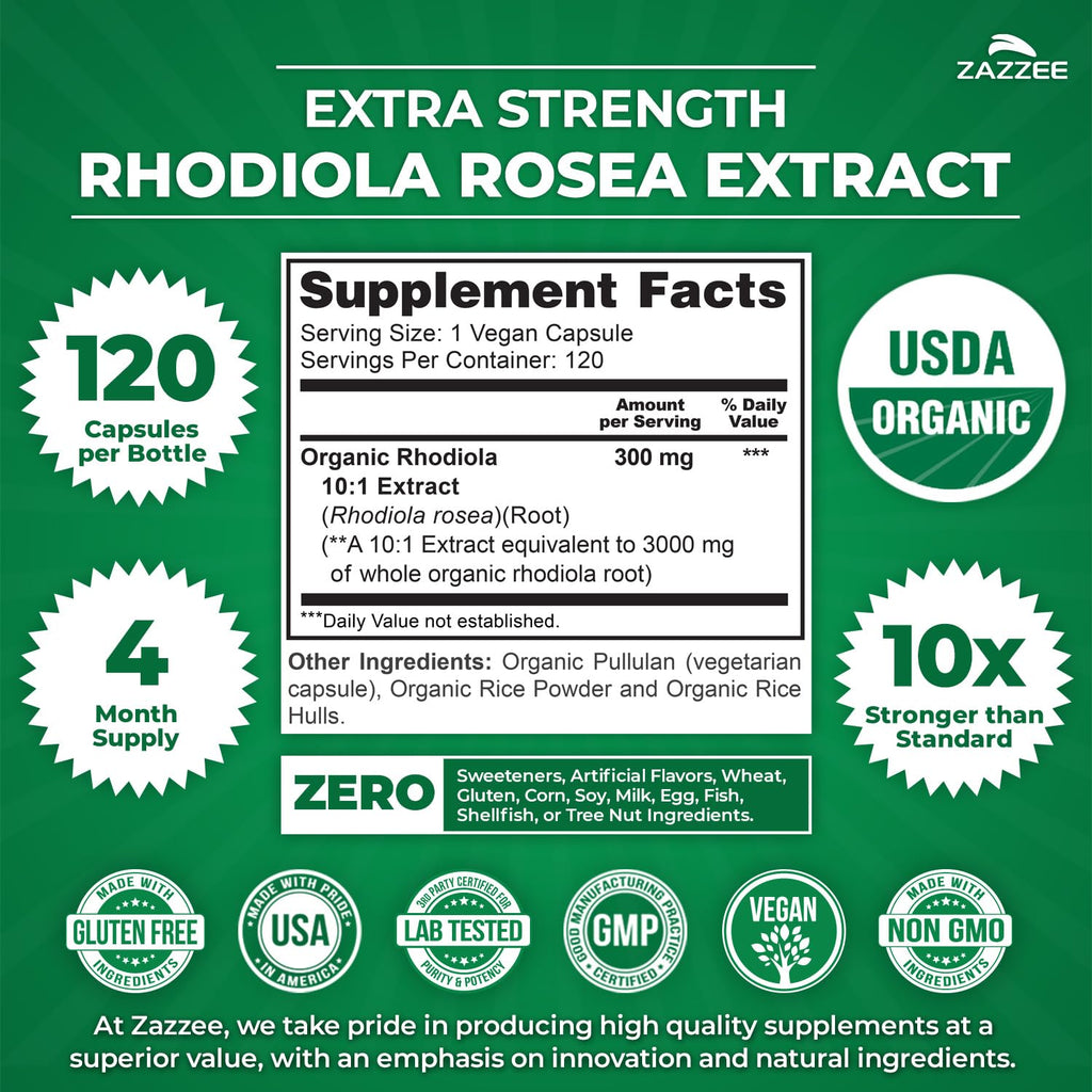 Zazzee USDA Organic Rhodiola 10:1 Extract, 120 Capsules, 4 Month Supply, Rhodiola Rosea, Energy, Stress & Mental Focus Support, Concentrated 10X Extract