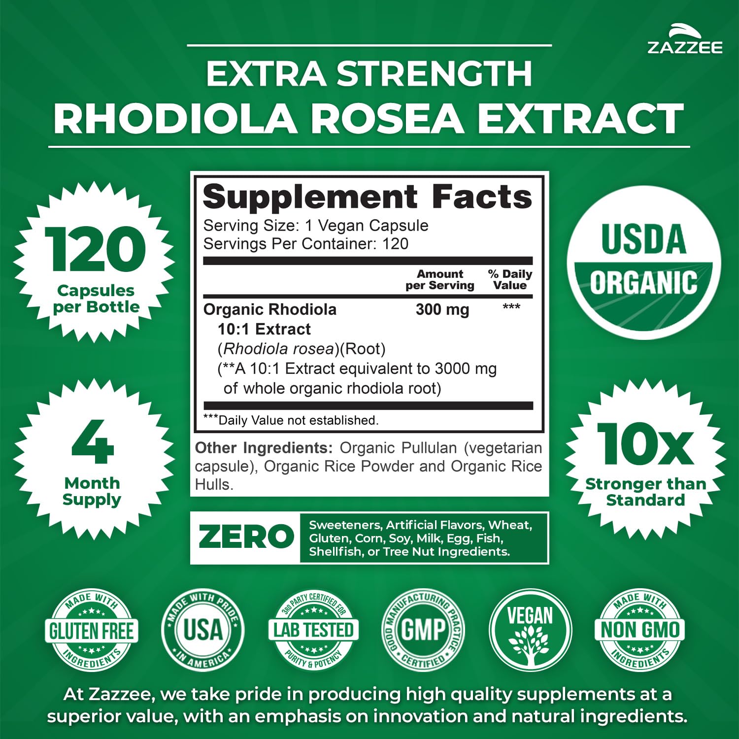 Zazzee USDA Organic Rhodiola 10:1 Extract, 120 Capsules, 4 Month Supply, Rhodiola Rosea, Energy, Stress & Mental Focus Support, Concentrated 10X Extract