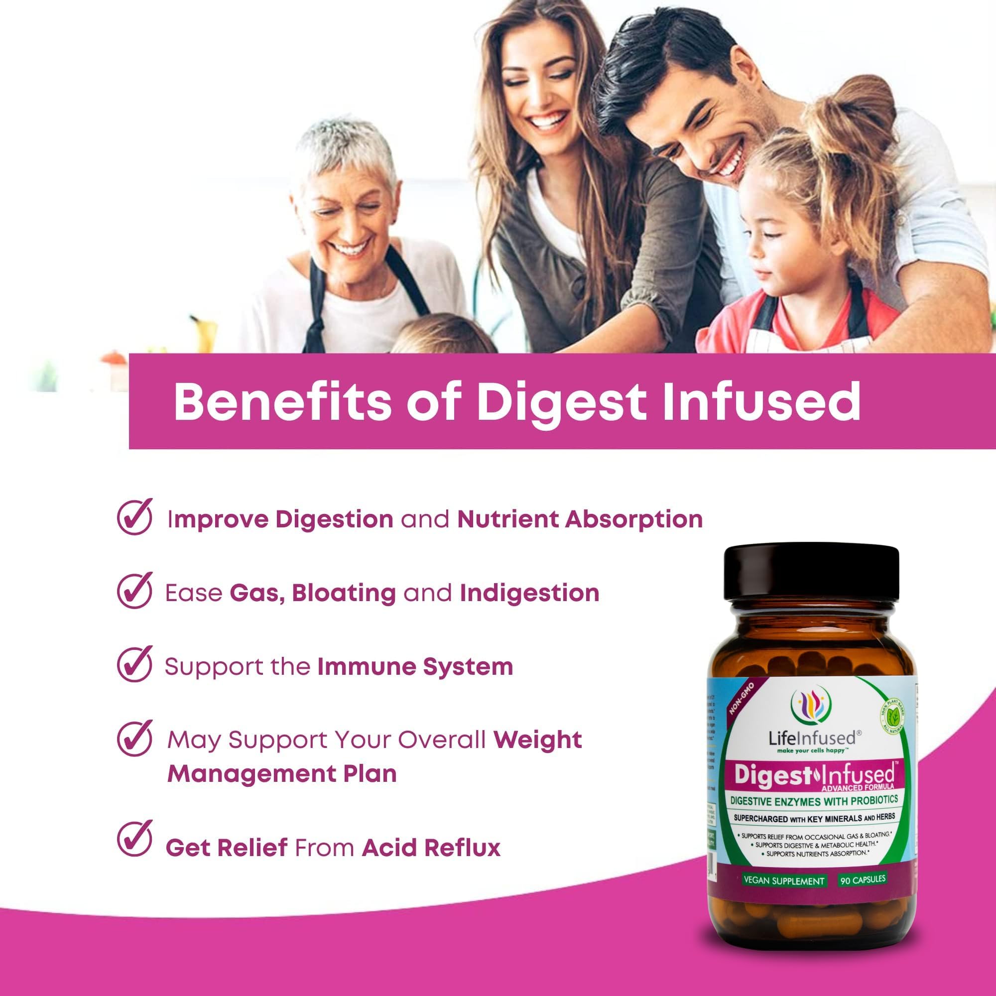 Life Infused Digestive Enzymes with Probiotics – 21 Plant-Based Enzymes with Bromelain, Papain, Amylase & Protease – Digestive Support for Gas & Bloating –