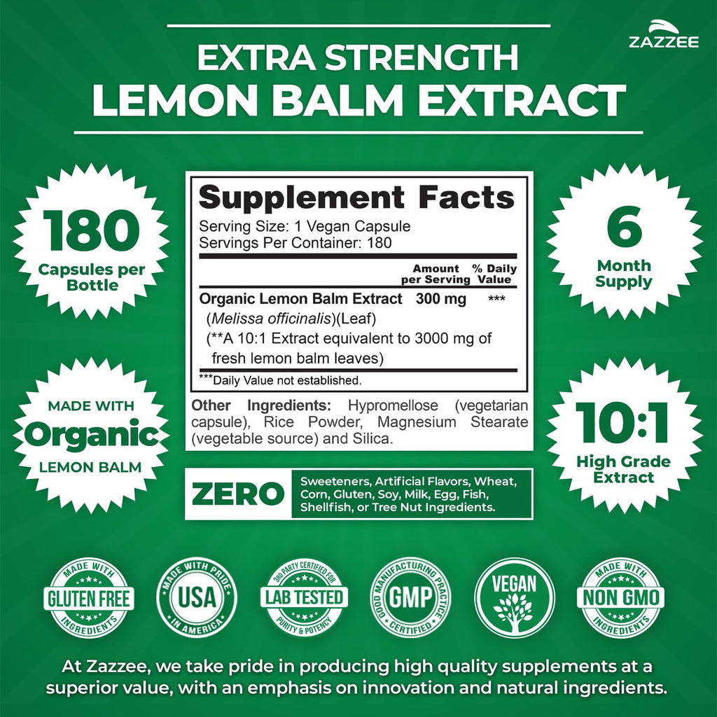 Zazzee Organic Lemon Balm 10:1 Extract, 180 Vegan Capsules, 6 Month Supply, Melissa Officinalis, Calm, Mood, Stress & Relaxation Support, Herbal Supplement, All-Natural, Non-GMO, Made in the USA ZazzeeBuy Supplements Australia