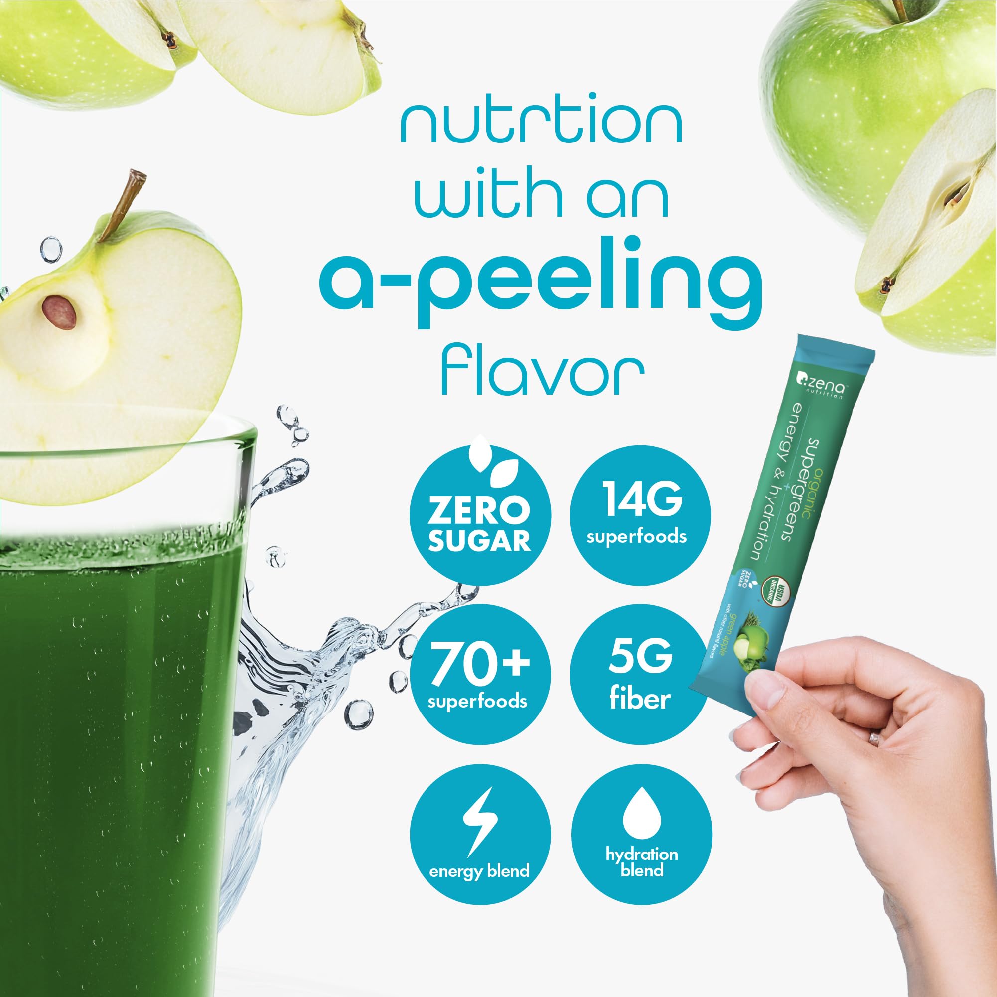 Zena Nutrition Organic Super Greens Energy & Hydration Powder, 70+ Superfoods, 0 Sugar, 5G Fiber, Spirulina, Chlorella, Prebiotics/Probiotics, Natural Caffeine + Electrolytes, 40 Drink Mix Packets Zena NutritionBuy Supplements Australia
