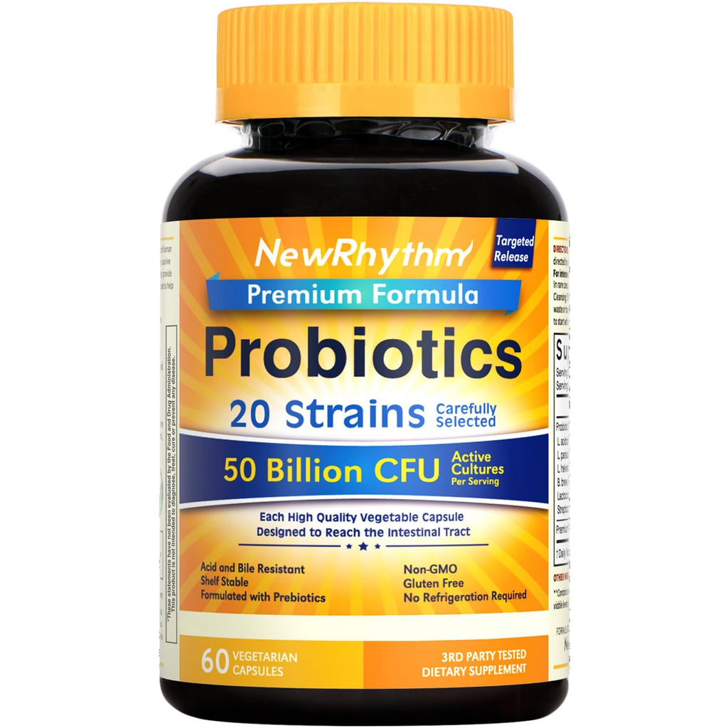 NewRhythm Probiotics 50 Billion CFU 20 Strains, 60 Veggie Capsules, Targeted Release Technology, Stomach Acid Resistant