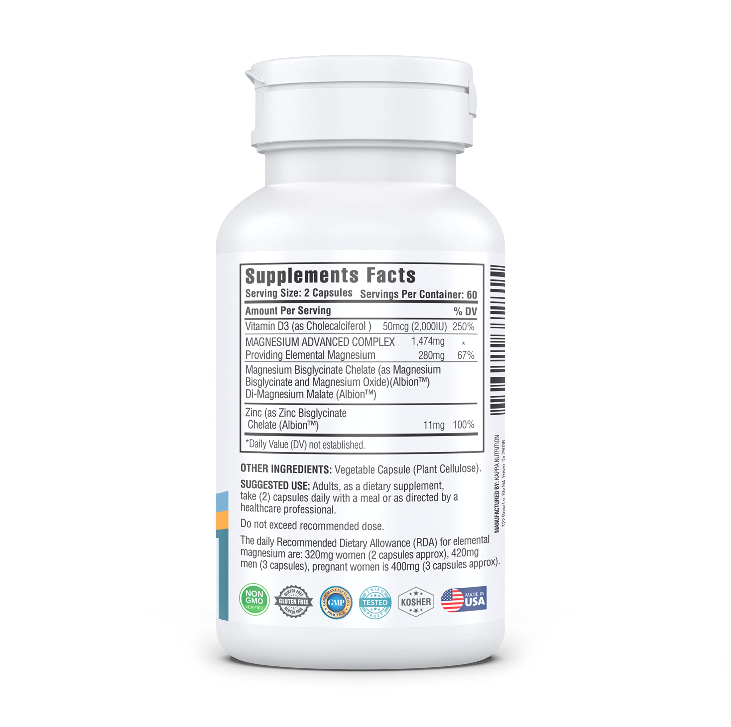 Kappa Nutrition Magnesium 4-in-1, 280mg Elemental Magnesium (Bisglycinate, Malate) + Zinc & Vitamin D3, Brain, Sleep, Energy, Muscle, Immune Support, 120 Vegan Capsules. KAPPA NUTRITION buy supplements Au