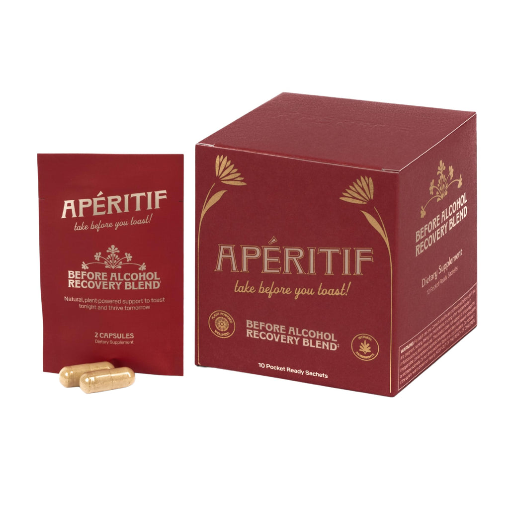 Apéritif before alcohol recovery blend packaging with capsules on a white background