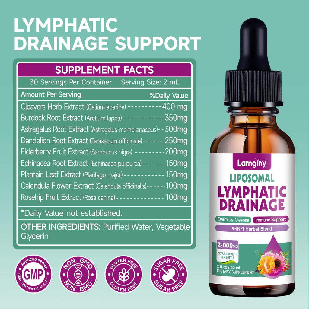 Liposomal Lymphatic Drainage Drops, 9-In-1 Lymphatic Drainage Supplements for Detox & Cleanse, with Echinacea, Dandelion, Elderberry, Burdock Root & Cleavers, Immune & Lymph System Support, 2 FL OZ LAMGINY buy supplements Au