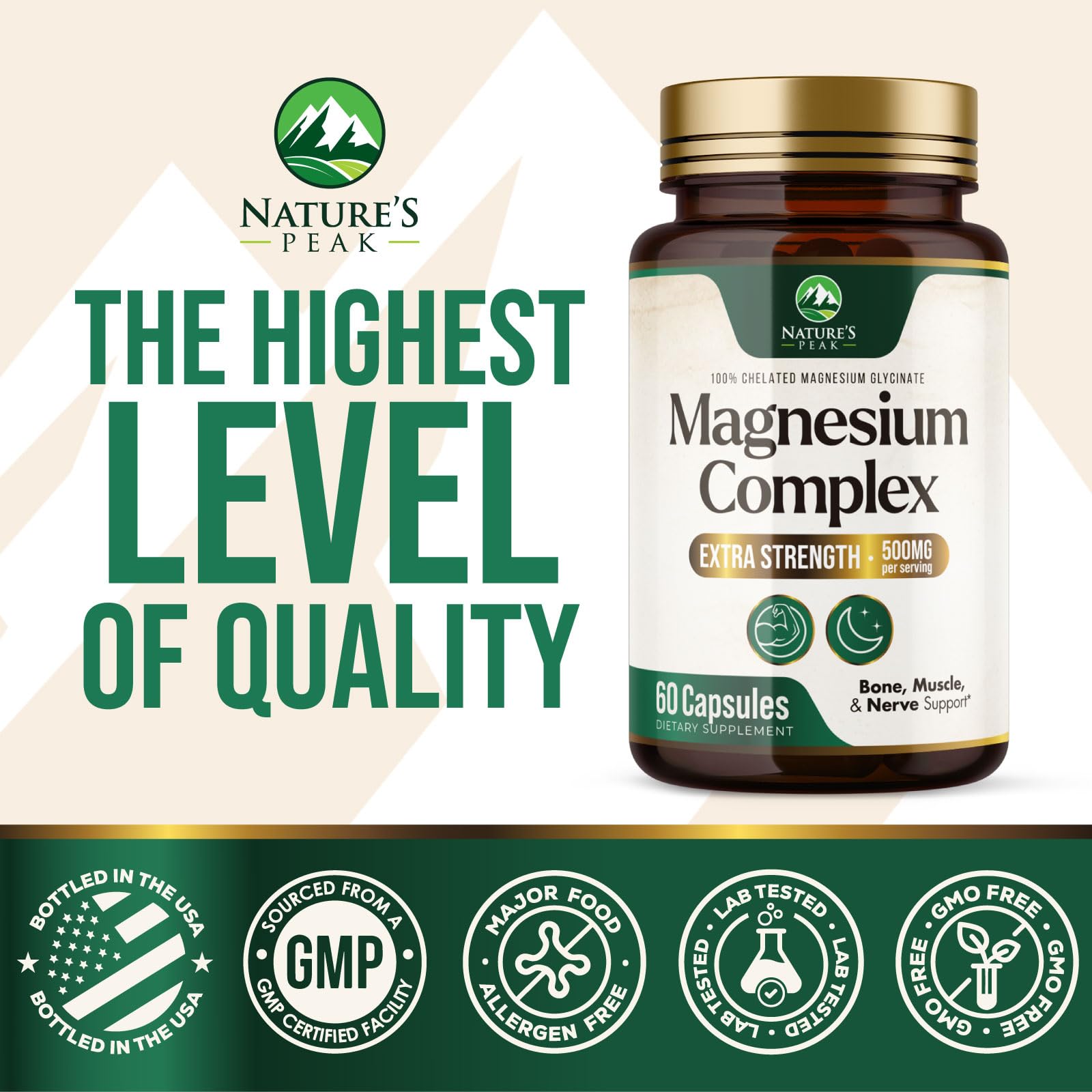 Magnesium Complex Supplement - Magnesium 500mg Per Serving - High Absorption Blend of Glycinate, Citrate, Malate, Oxide - Supports Sleep, Muscle, Bone, Heart Health - Bottled in USA - 60 Capsules Nature's Peak buy supplements Au