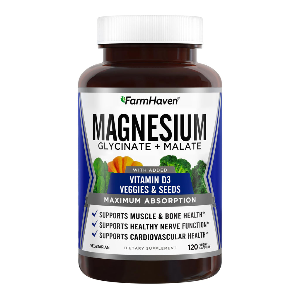 FarmHaven Magnesium Complex –Magnesium Glycinate & Malate w/Vitamin D3, 100% Chelated for Max Absorption, Vegetarian – Bone Health, Nerves, Muscles, 120 Capsules, 60 Days FarmHavenBuy Supplements Australia