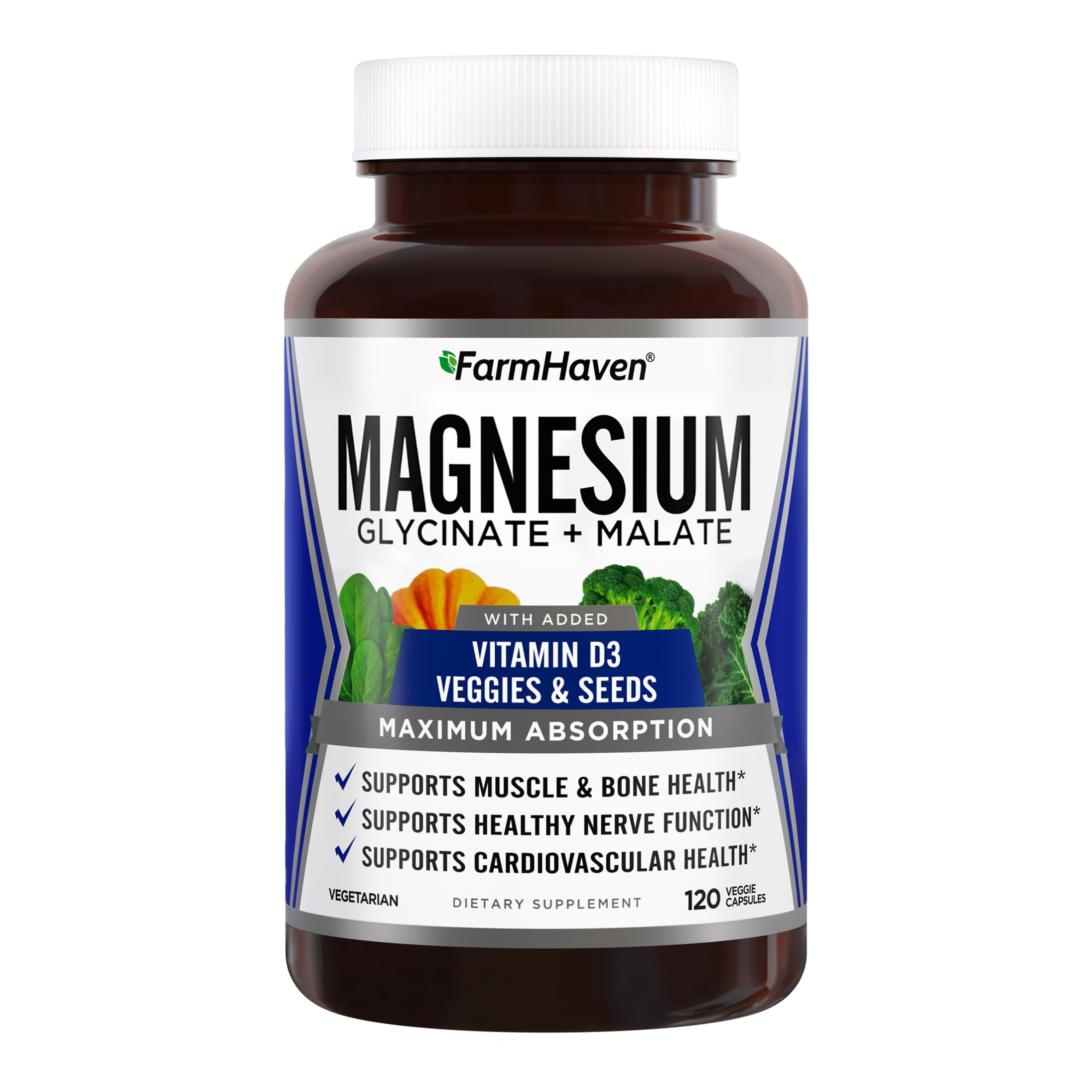 FarmHaven Magnesium Complex –Magnesium Glycinate & Malate w/Vitamin D3, 100% Chelated for Max Absorption, Vegetarian – Bone Health, Nerves, Muscles, 120 Capsules, 60 Days FarmHavenBuy Supplements Australia