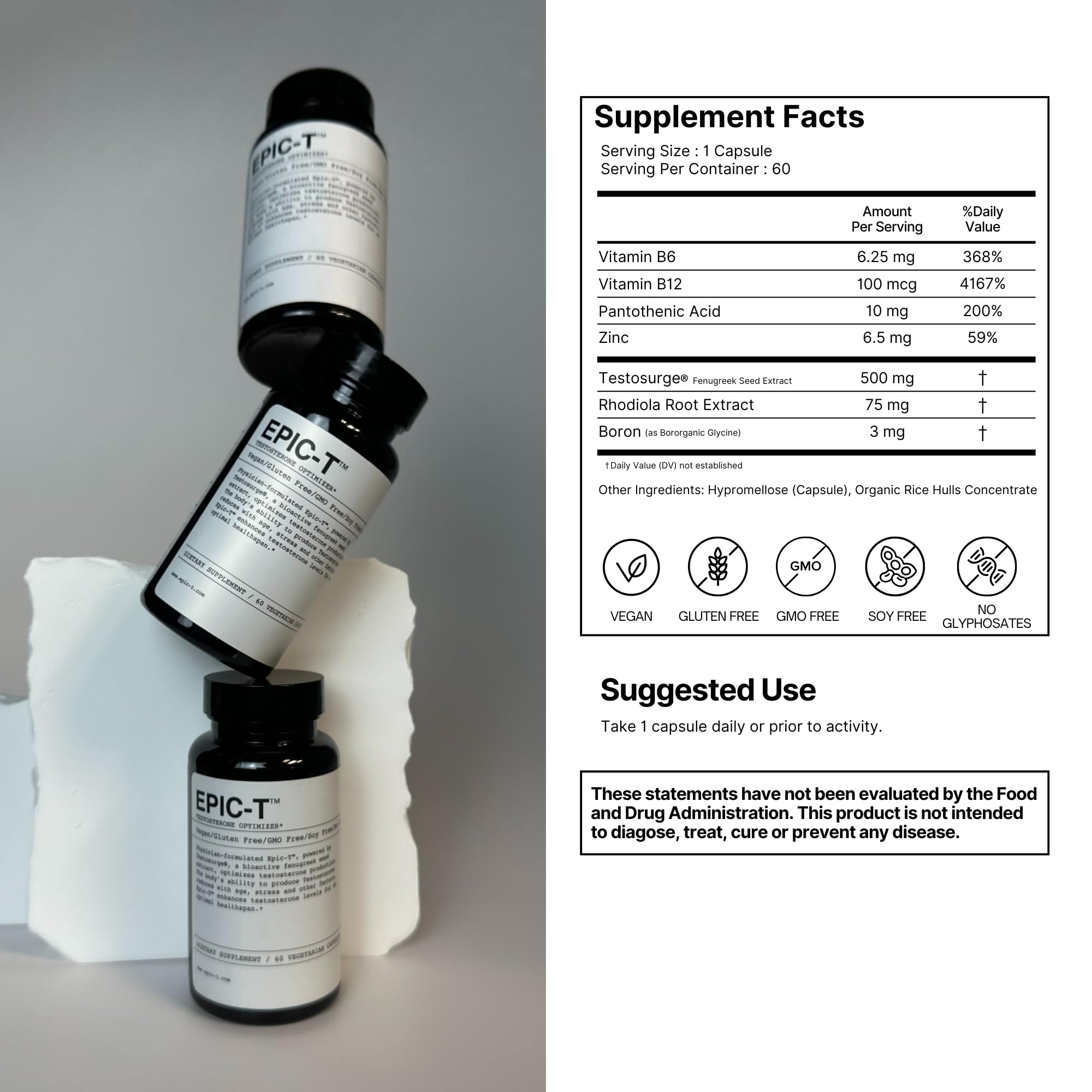 EPIC-T Testosterone Support Supplement for Men | Plant-Based Formula with Testosurge, B-Complex, B12, Zinc & Boron | Vegan, Non-GMO Daily Support EPICBuy Supplements Australia