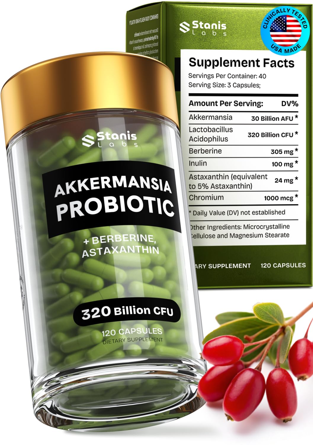 Akkermansia probiotic supplement with packaging and berries on a white background