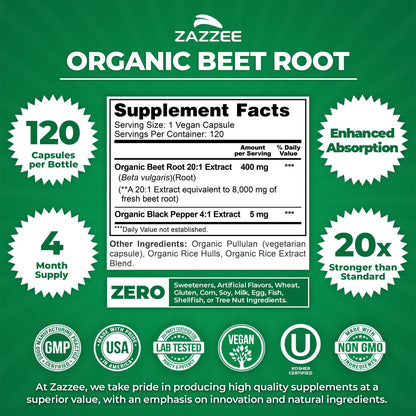 Zazzee USDA Organic Beet Root 20:1 Extract, 120 Vegan Quick Release Capsules, 4 Month Supply, Nitric Oxide Support, Black Pepper Extract for Enhanced Absorption
