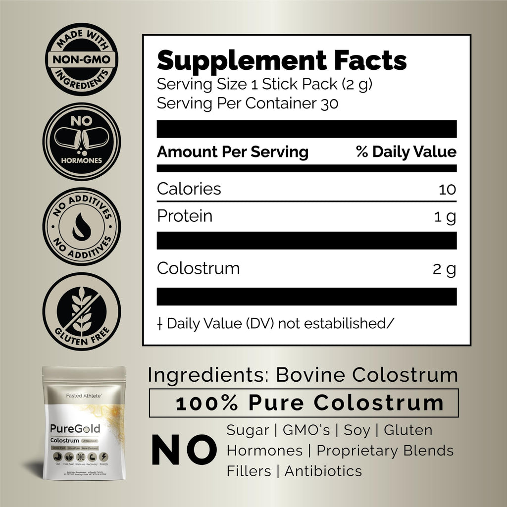 PureGold - Bovine Colostrum Powder - 100% Pure New Zealand Grass Fed, Supports Gut Health, Skin, Hair, & Immunity – Colostrum Supplement, Unflavored, 30 Travel Packets Fasted AthleteBuy Supplements Australia