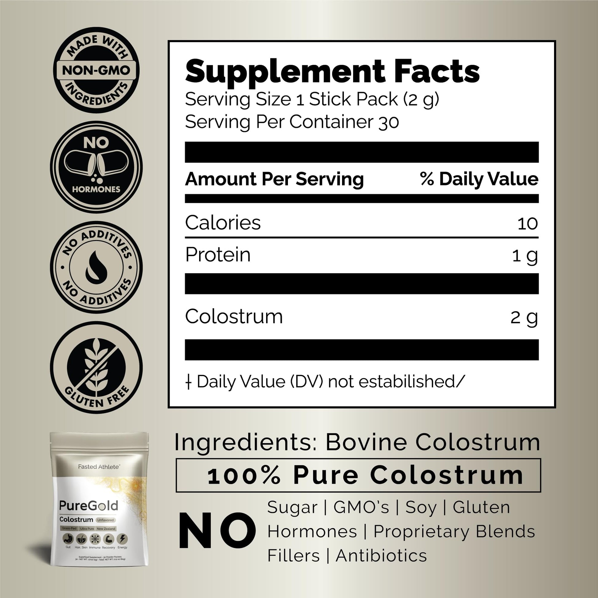 PureGold - Bovine Colostrum Powder - 100% Pure New Zealand Grass Fed, Supports Gut Health, Skin, Hair, & Immunity – Colostrum Supplement, Unflavored, 30 Travel Packets Fasted AthleteBuy Supplements Australia