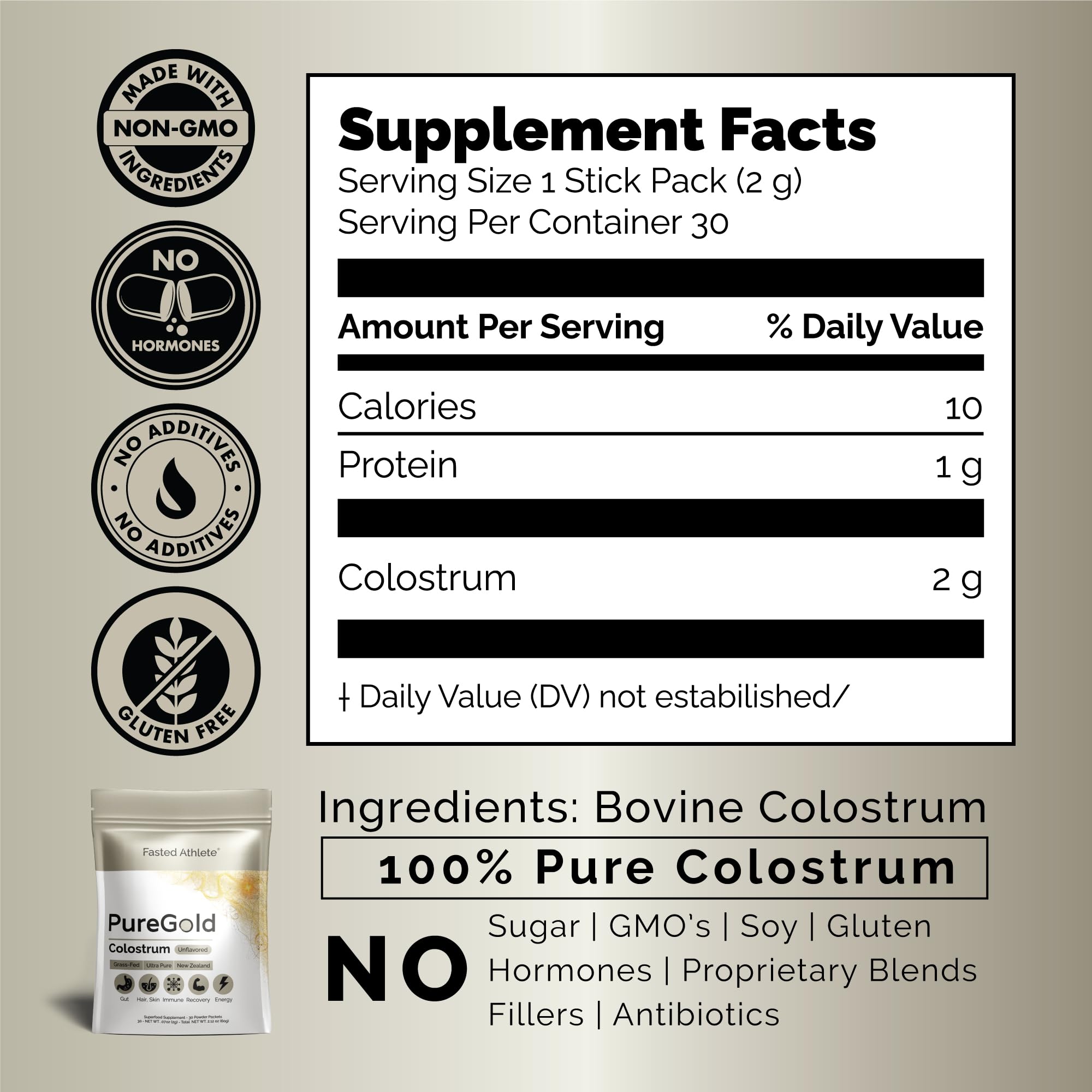 PureGold - Bovine Colostrum Powder - 100% Pure New Zealand Grass Fed, Supports Gut Health, Skin, Hair, & Immunity – Colostrum Supplement, Unflavored, 30 Travel Packets Fasted AthleteBuy Supplements Australia