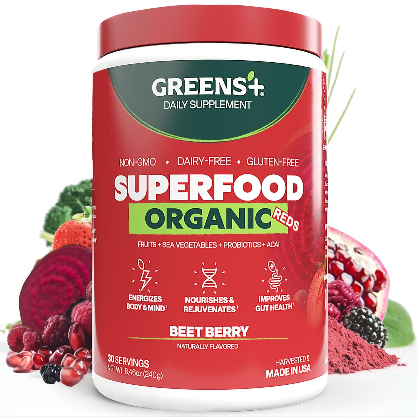 Greens+ Organic Reds Superfood Powder, Antioxidant, Polyphenol, Blend for Morning Kick, Energy, Vitality Boost, Nutrition, Vibrant Health, Vegan Soy/Dairy/Gluten Free(8.46oz) Greens+Buy Supplements Australia
