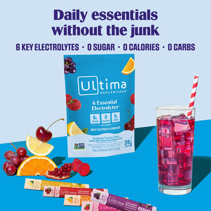 Ultima Replenisher Daily Electrolyte Powder – Original Variety Pack, 20 Stickpacks – Zero Sugar Hydration Packets with 6 Electrolytes and Minerals – Sugar Free