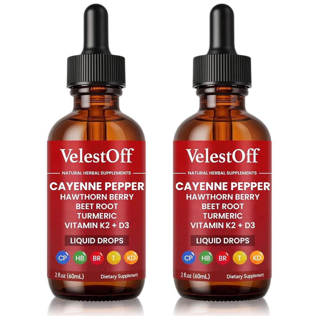 Two bottles of VelestOff Cayenne Pepper liquid drops on a white background