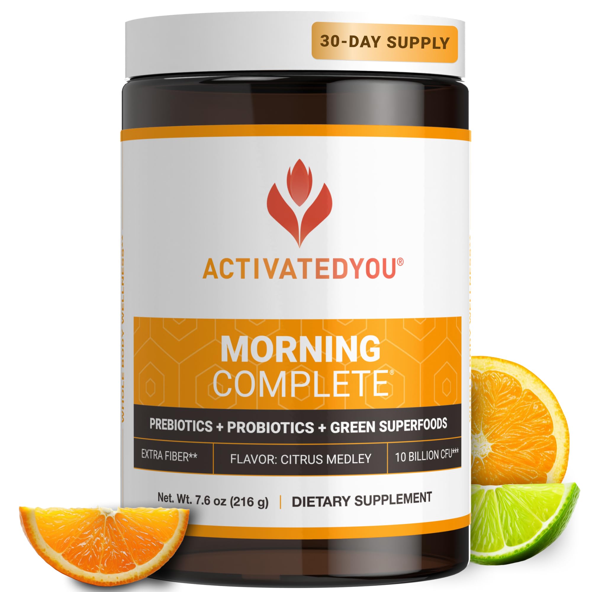 ACTIVATEDYOU Morning Complete Daily Wellness Greens Superfood Drink Mix for Gut Health w/Prebiotics, Probiotics, Antioxidants, Green Superfoods, 10 Billion CFUs, 30 Servings (Citrus) ACTIVATEDYOUBuy Supplements Australia
