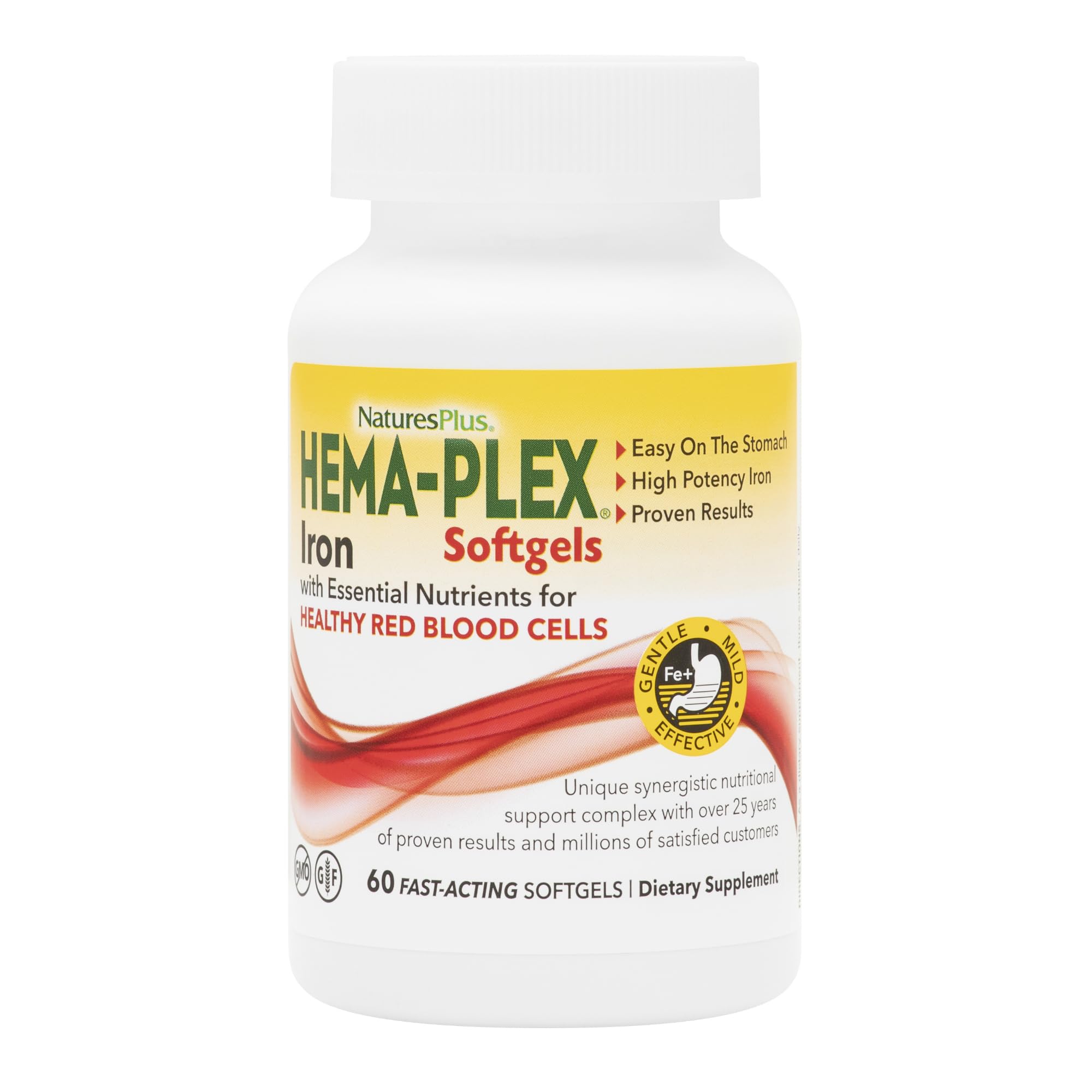 NaturesPlus Hema-Plex Iron - 60 Fast-Acting Softgels - 85 mg Iron + Vitamin C & Bioflavonoids for Healthy Red Blood Cells