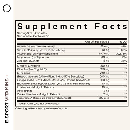 Codeage E-Sport Vitamins+ Citicoline Cognizin, Bacopa Monnieri Supplement, Multivitamins, Astaxanthin, L-Theanine, Ginkgo Biloba, Acetyl-L-Tyrosine, Huperzine A, Lutein, Esport Gaming - 90 Capsules CodeageBuy Supplements Australia