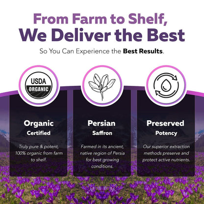 Organic Saffron Extract: Optimized Extract with Safromotivines, Safranal, and Crocins – Clinically Studied | Premium Persian Sargol Quality | Supports Mood,