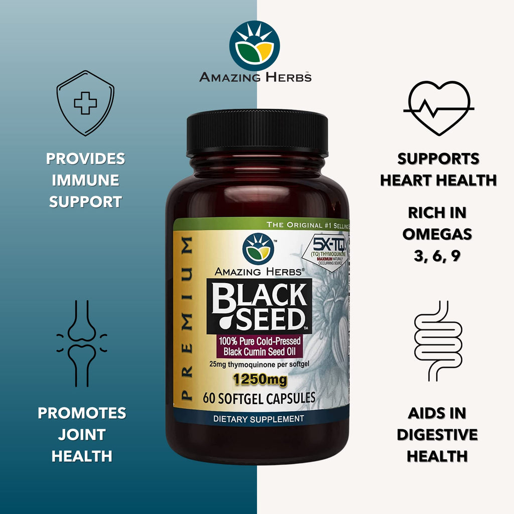 Amazing Herbs Premium  Capsules - High Potency, Cold Pressed Nigella Sativa Aids in Digestive Health