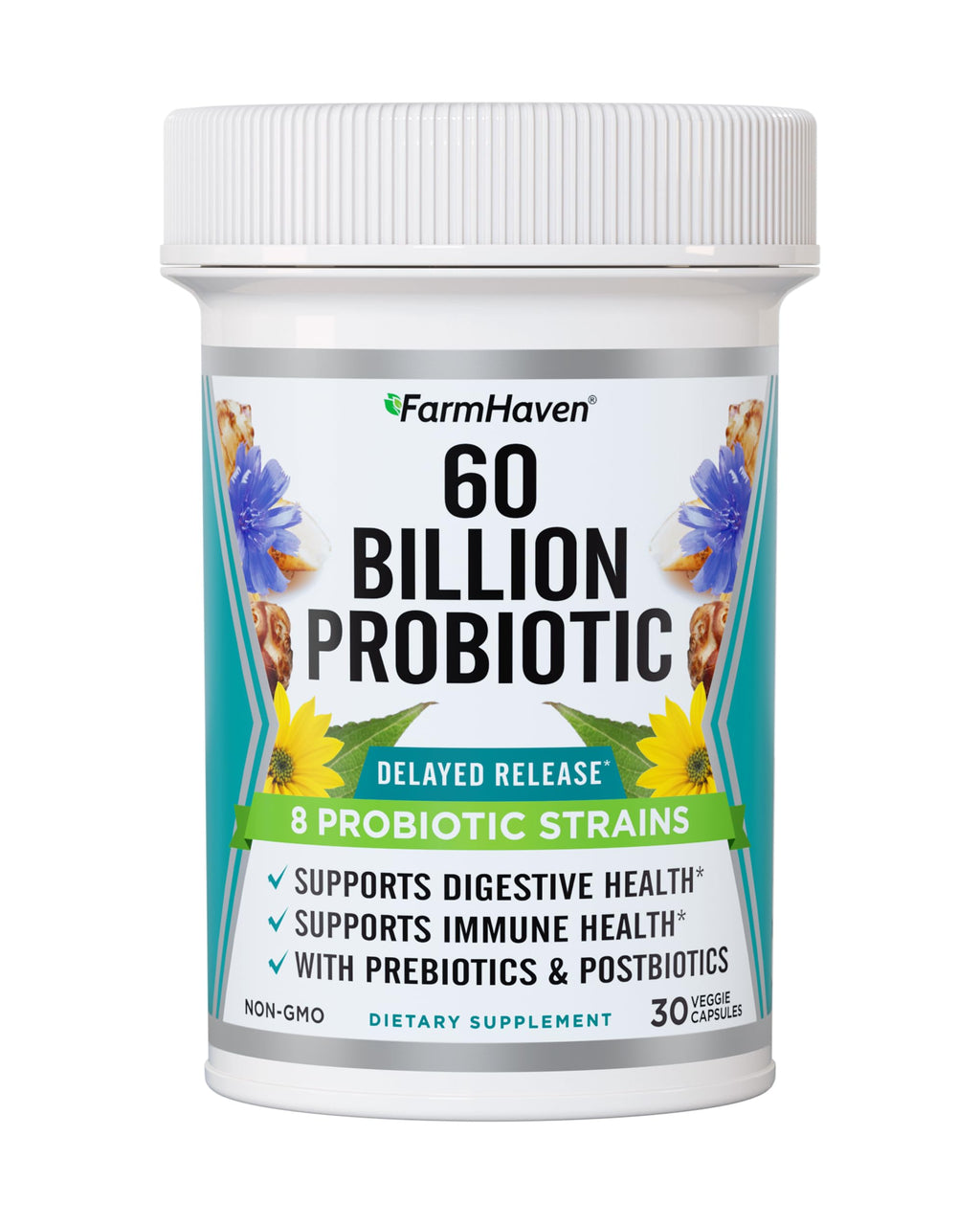 FarmHaven 60 Billion CFU Probiotic - 8 Probiotic Strains - Prebiotics & Postbiotics - Supports Digestive & Immune Health - Delayed Release - Shelf Stable - Non-GMO, Gluten Free - 30 Caps FarmHavenBuy Supplements Australia