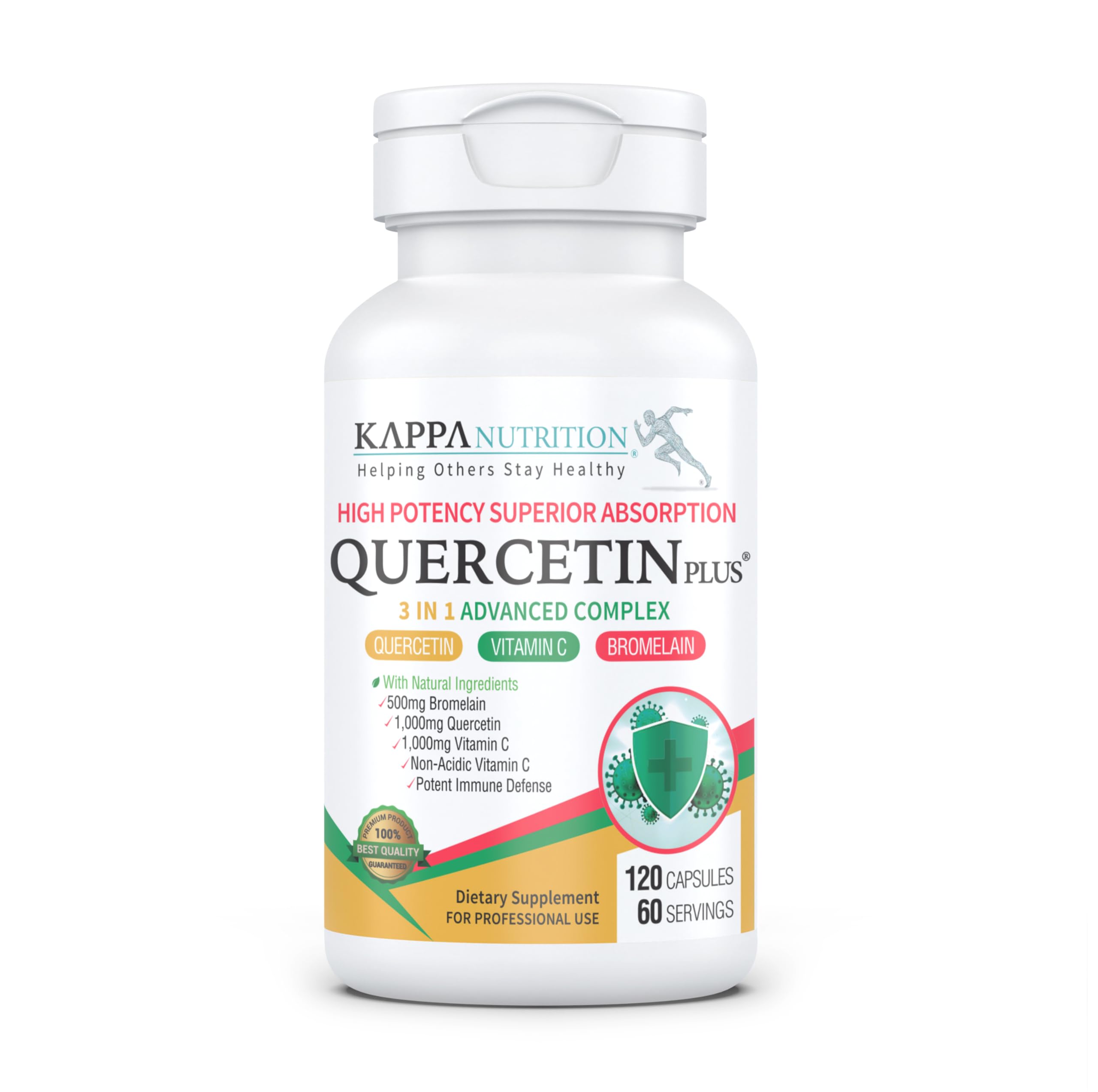QUERCETIN PLUS, Quercetin 1,000mg, Bromelain 500mg and Vitamin C 1,000mg, (120 Capsules), 3 in 1 from Bioflavonoids, Supports Immune, Cardiovascular & Respiratory Health, Seasonal Allergy Relief. KAPPA NUTRITIONBuy Supplements Australia