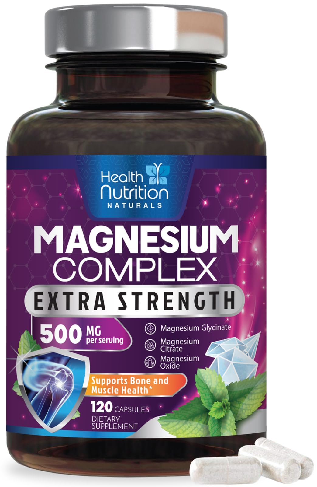 Bottle of Health Nutrition Naturals Magnesium Complex Extra Strength supplement on a white background