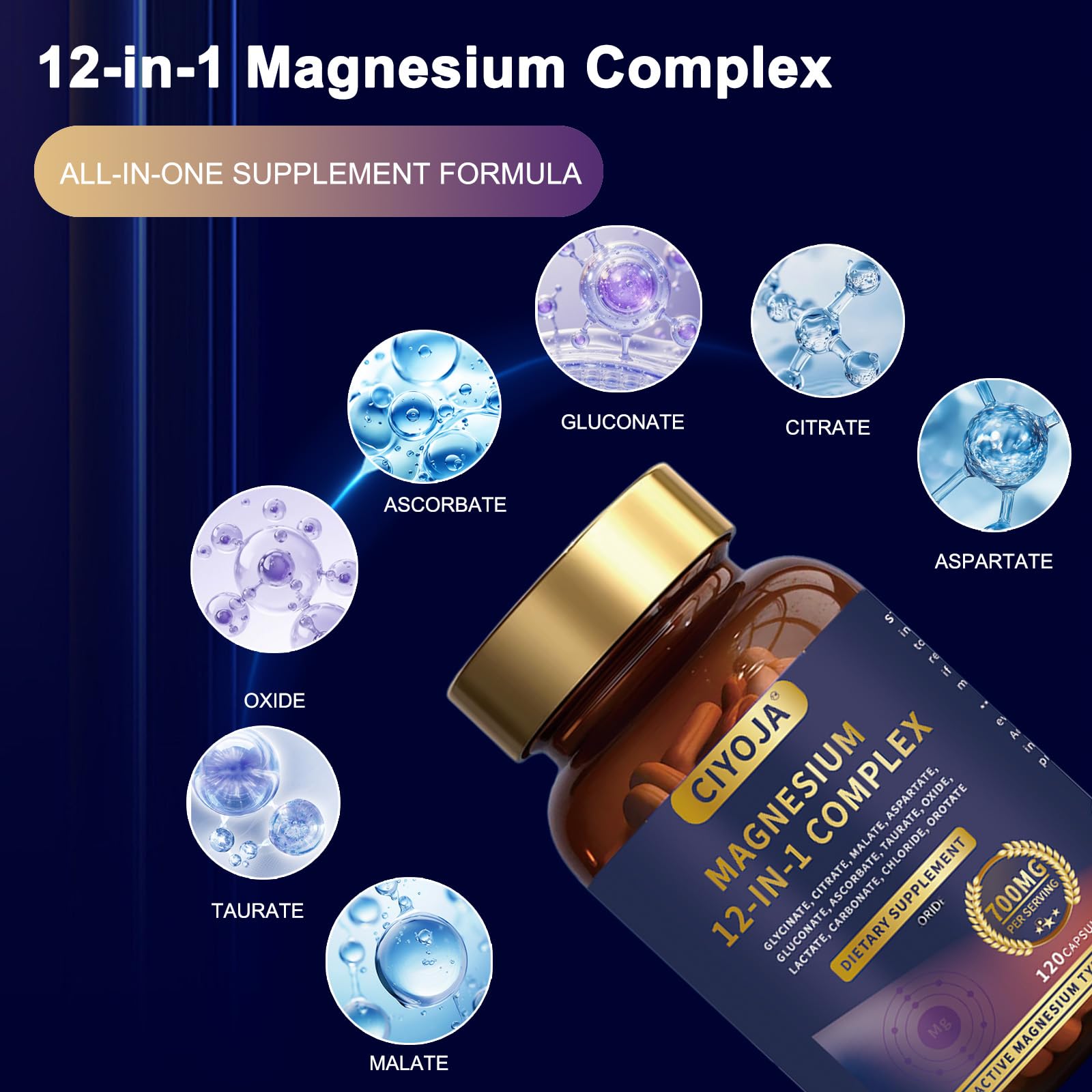 12-in-1 Magnesium Complex for Women Men: Magnesium Glycinate 700mg with Citrate, Malate Taurate Chelated Forms - High Absorption Magnesium Supplement for Relaxation Muscle Heart - 120 Vegan Capsules CIYOJA buy supplements Au