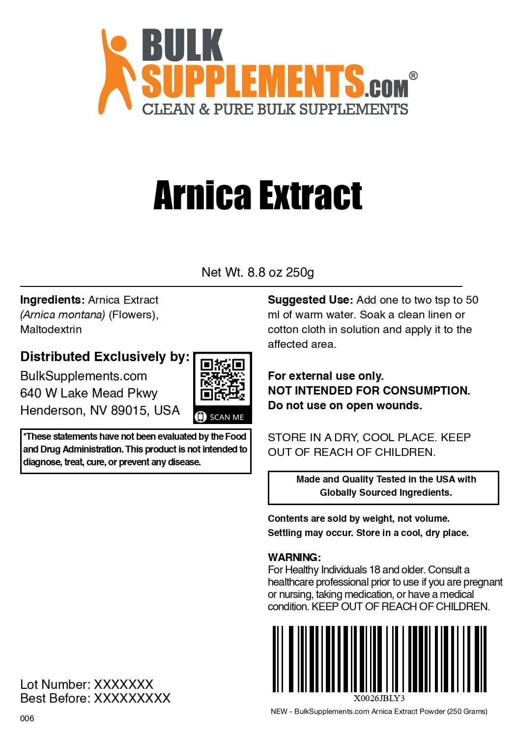 BulkSupplements.com Arnica Extract Powder - Herbal Supplement, from Dried Arnica Flowers, Servings Vary Per Use, 250g (8.8 oz) (Pack of 1) BulkSupplementsBuy Supplements Australia