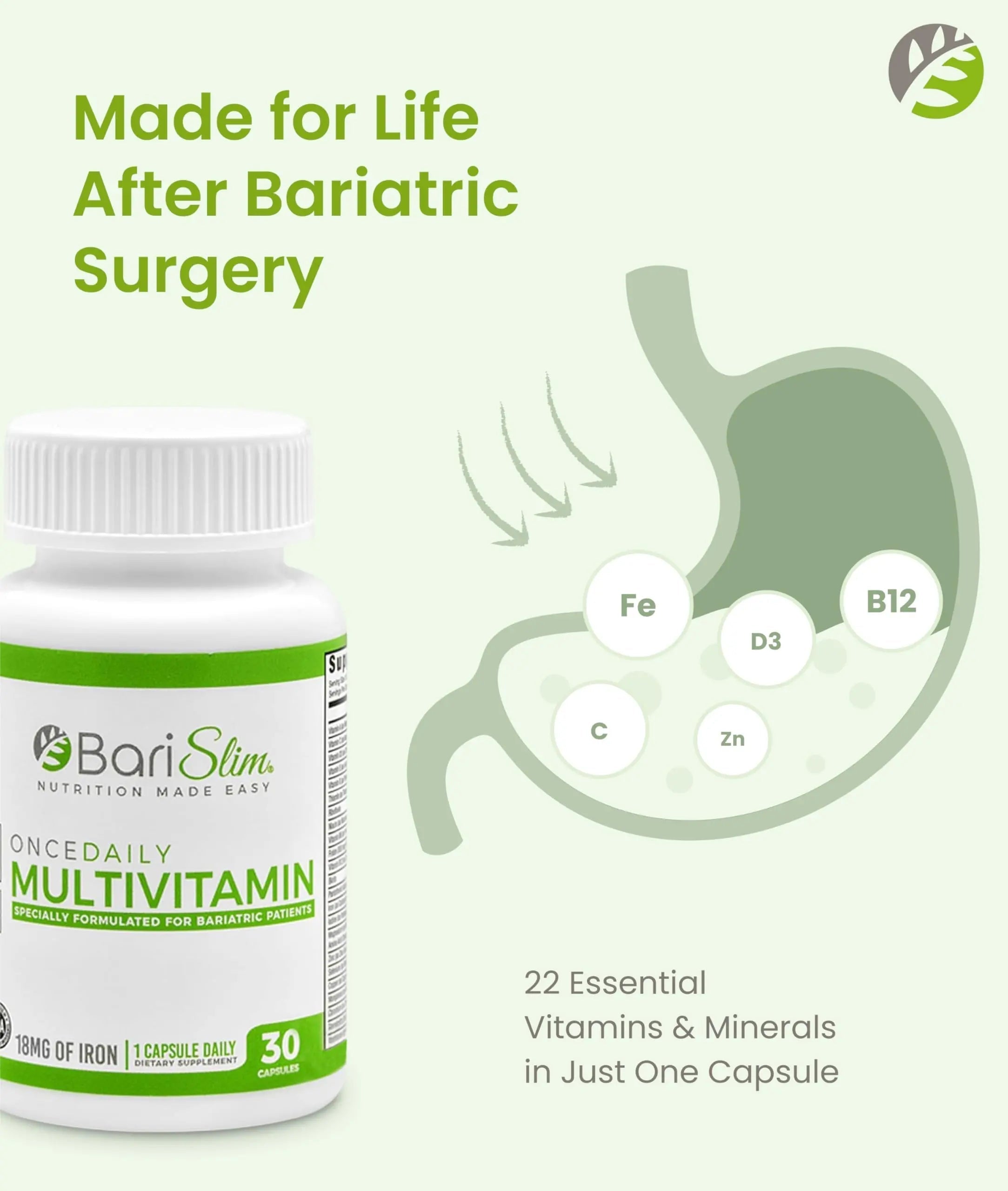 BariSlim Once Daily Bariatric Multivitamin Capsule - 18mg of Iron - Bariatric Vitamin & Supplement for Post Surgery Including Gastric Bypass BariSlim