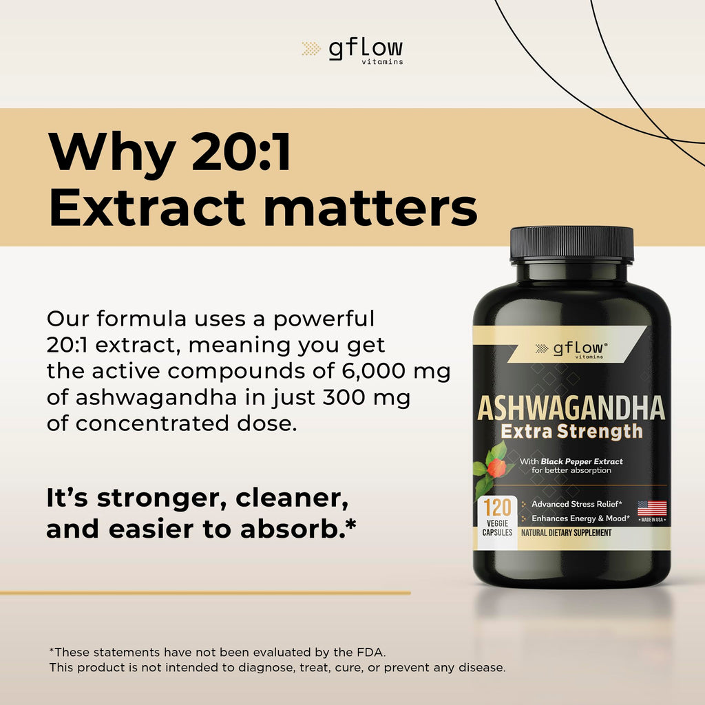 gflow vitamins Ashwagandha Supplements for Women and Men | Sleep, Mood and Energy Support | Extra Strength