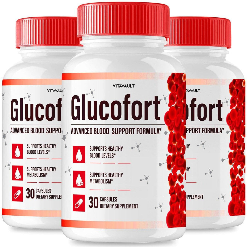 Three bottles of Glucofort supplement with red and white labels on a white background