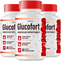 Three bottles of Glucofort supplement with red and white labels on a white background